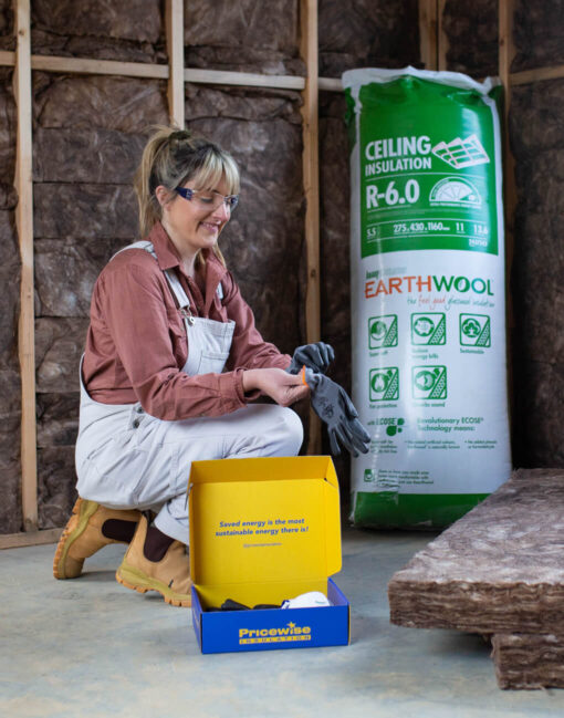 Pricewise Insulation DIY Install Kit and Earthwool - Imo kneeling on the floor putting on a pair of gloves